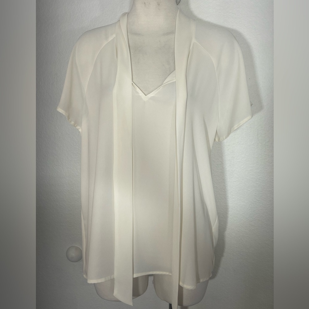 Pleione Nordstrom career blouse ivory v neck tie detail  flutter sleeve medium